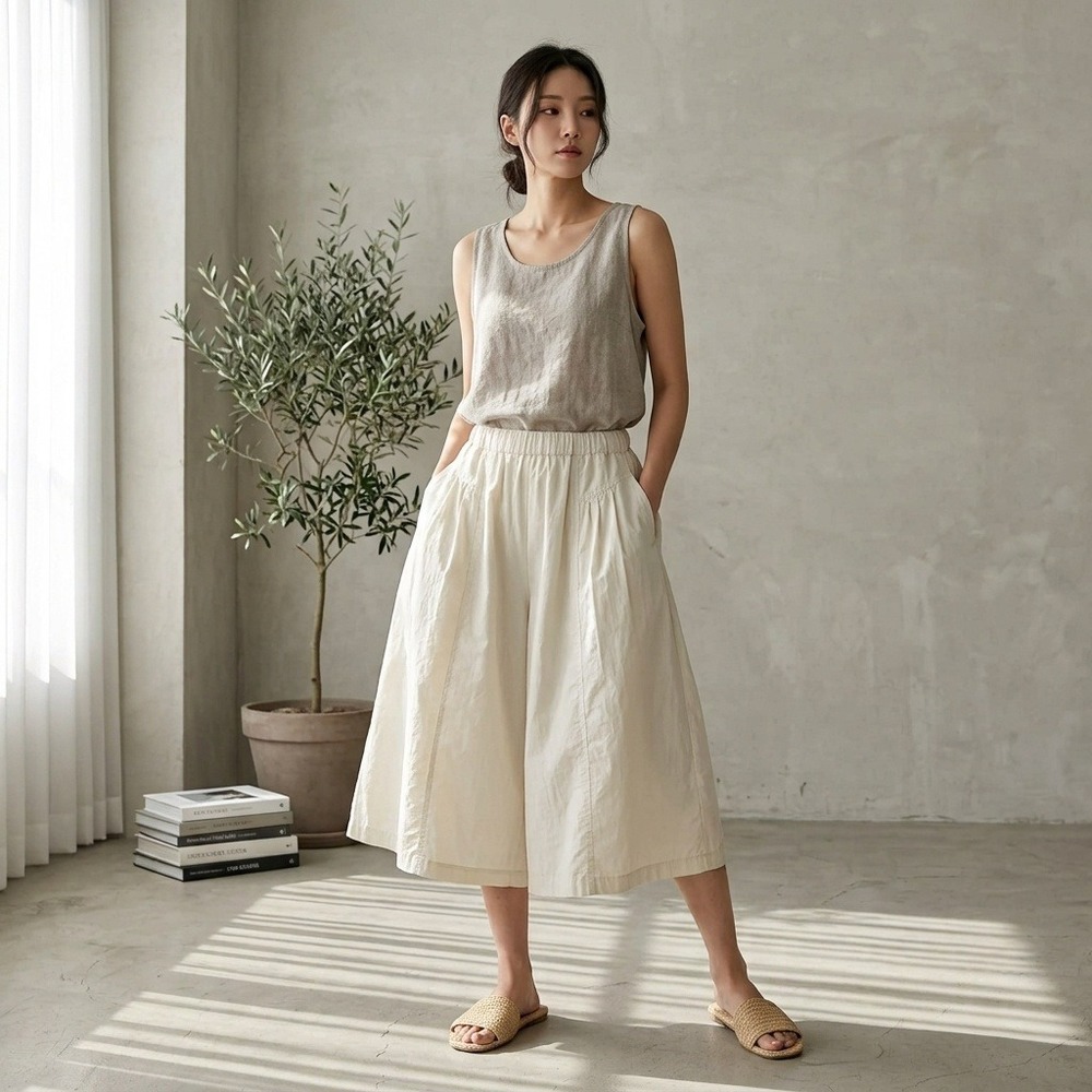 Shamale Korean-Style Wide Leg Culotte Pants Women Cream Cotton Elastic Waist OS